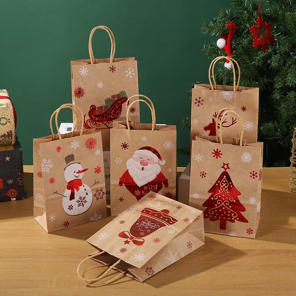 

6pcs Christmas Gift Tote Bags Snowman Kraft Paper Xmas Eve Apple Packaging Gift Bag Moose New Year Party Decoration Supply