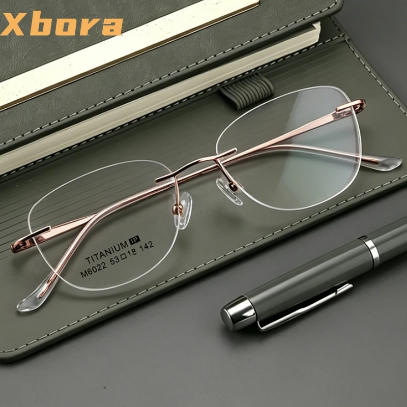 XBORA Ultra Light Titanium Alloy Women's Cat Eyes Rimless Retro Fashion Trend Simple Exquisite And Elegant High‑Quality Glasses