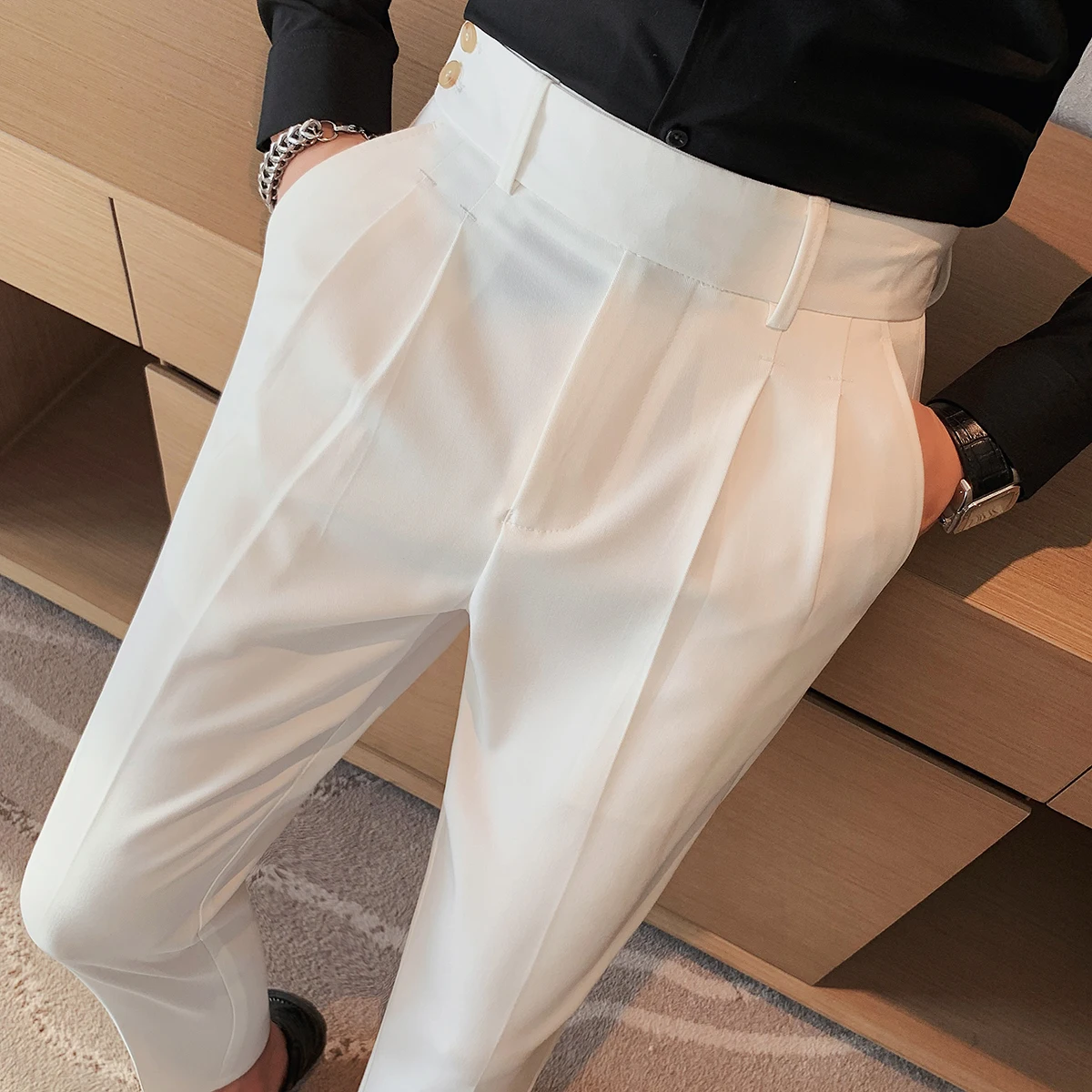 British Style Twill Pleat Design Naples High Waist Casual Trousers Fashion Man Slim Simple Social Party Suit Pant Plus Size 38