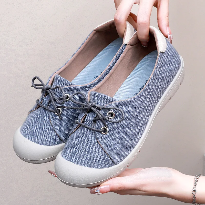 Womens Shoes Summer Fashion Canvas Shoes Round Head Lace Up Non Slip Walking Shoe Durable High Quality Women Sneakers Soft Sole