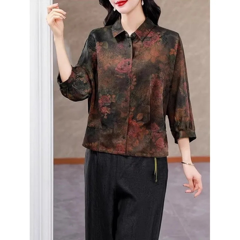 Csa de Seda Fena Nova Estilo Primavera E Estampada Solta Emaecendo Retro Top de Seda de Amora Faionable com...