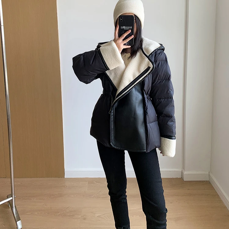 Schinteon Women Lambswool White Duck Down Jacket with Hood Autumn Winter Warm Outwear Casual Patchwork Coat European Style