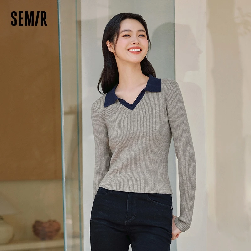 Semir Sweater Women Short Slim-Fit Sweater with a Minimalist Style 2024 New Autumn Vintage Color-Block Polo Neck Sweater