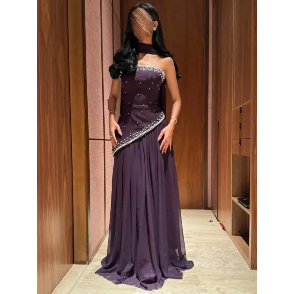 Grape Purple Evening Dress Strapless Beadings A Line Floor Length Elegant Formal Party Dresses with Scarf Prom Gown Customized