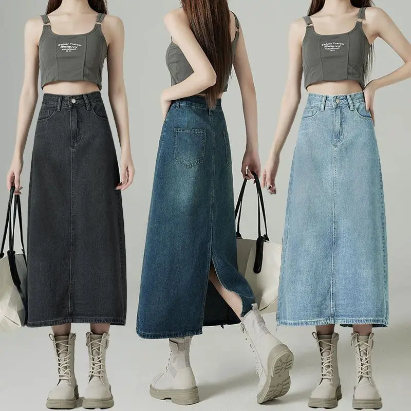 Women's Blue Skirt Premium Back Slit High Waist Slimming Clothing 2024 New Girl Design Sense Hip Hugging A-line Denim Ins Skirts