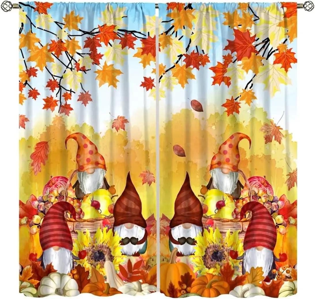 Fall Autumn Gnome Pumpkin Sunflower Leaves Curtain Polyester Window Panel Decorative Harvest Seasonal Home Decor Tapestry