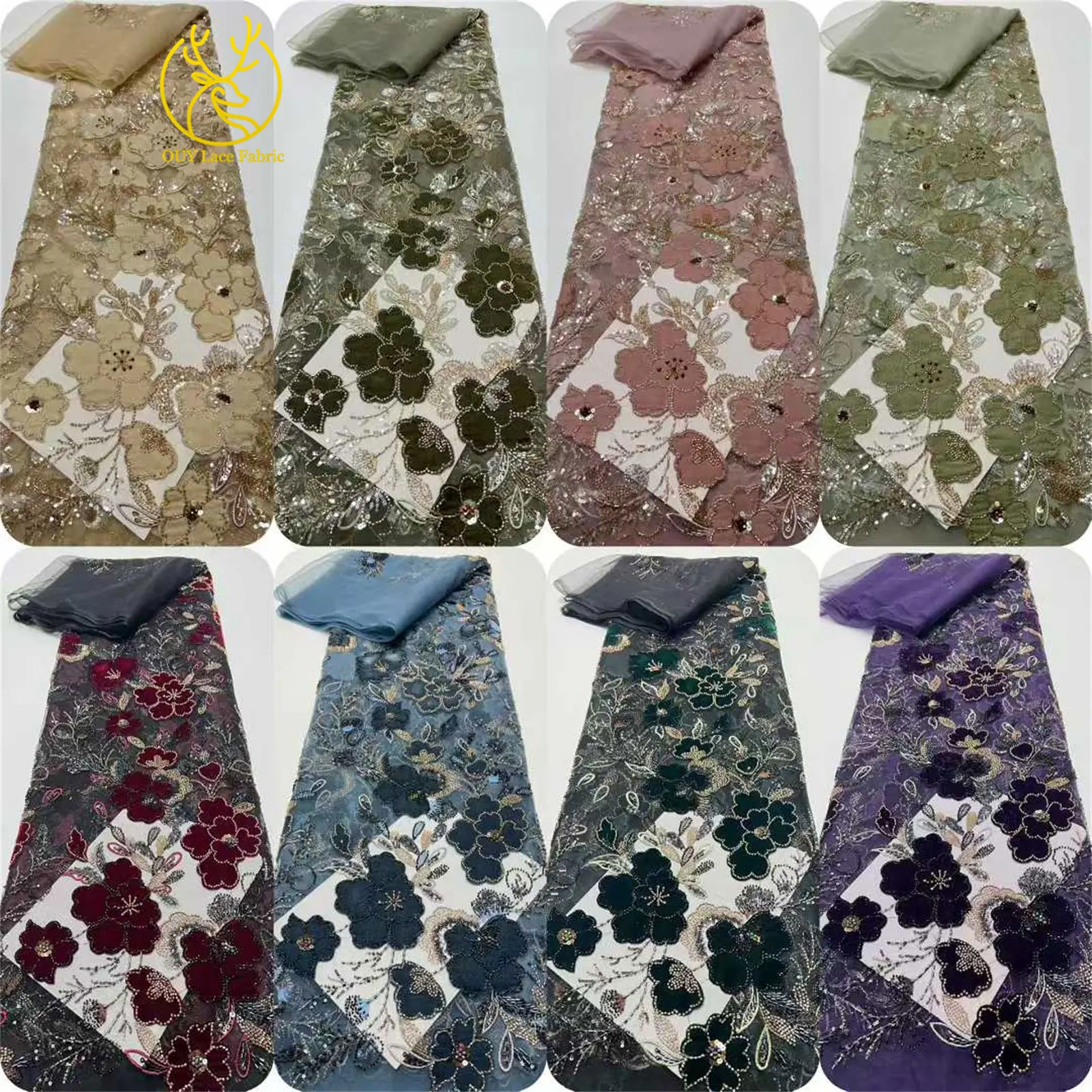 Neues Design Samt-Pailletten-bestickter Spitzenstoff 2026 Hochwertiger afrikanischer Perlen-Spitzenstoff Brautparty Hochzeitskleid Kleid – Detail 3