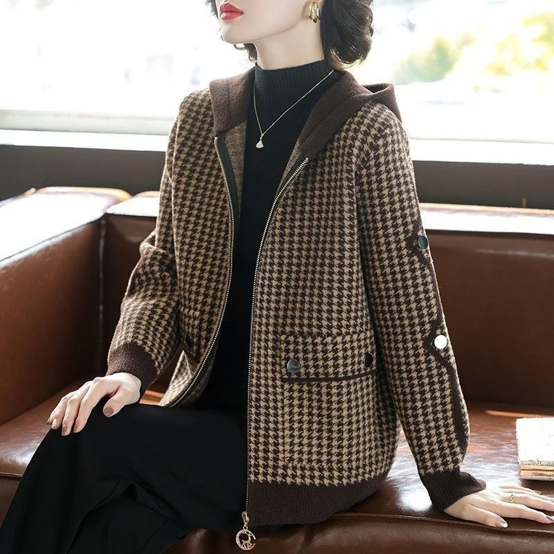 

Клетчатый контрастный кардиган с капюшоном и длинными рукавами, повседневная стильная куртка, топ