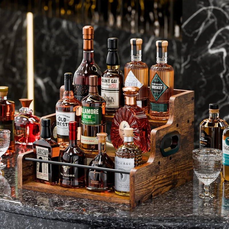 رف عرض النبيذ من الحديد والخيزران - منظم توابل على سطح الطاولة موفر للمساحة مع رف عرض تخزين بتصميم مضاد للرطوبة