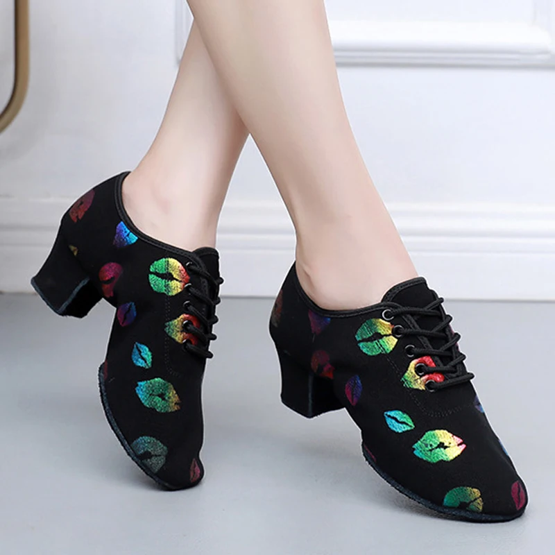 high heel dance shoes sneakers women ballroom latin dance shoes woman black close toe dancing shoes for women Lip print