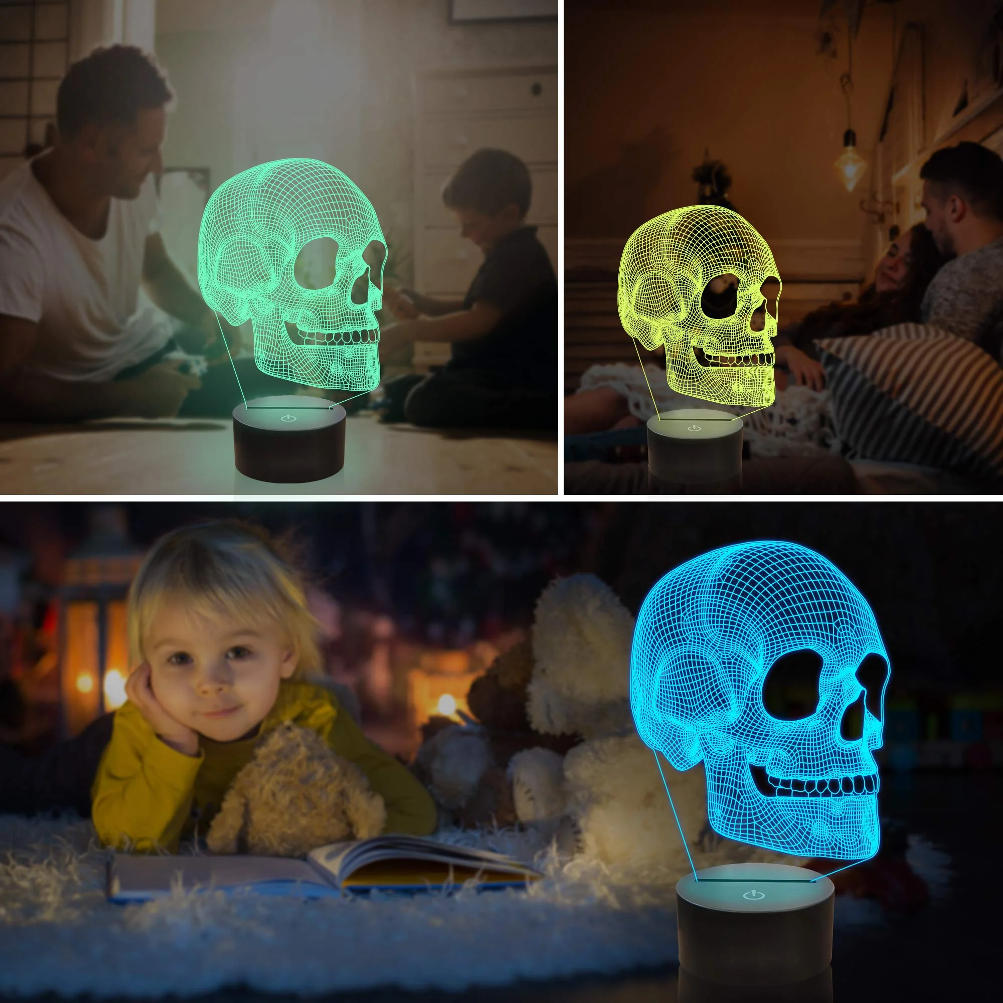 Luz de noche de calavera para niños, lámpara de ilusión 3D, lámpara de mesa LED, 16 colores que cambian, el mejor regalo de cumpleaños de Halloween y Navidad para niños