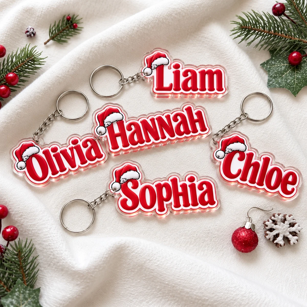 Custom hollow acrylic Santa hat name keychain, red letter bag charm, Christmas ornament gift
