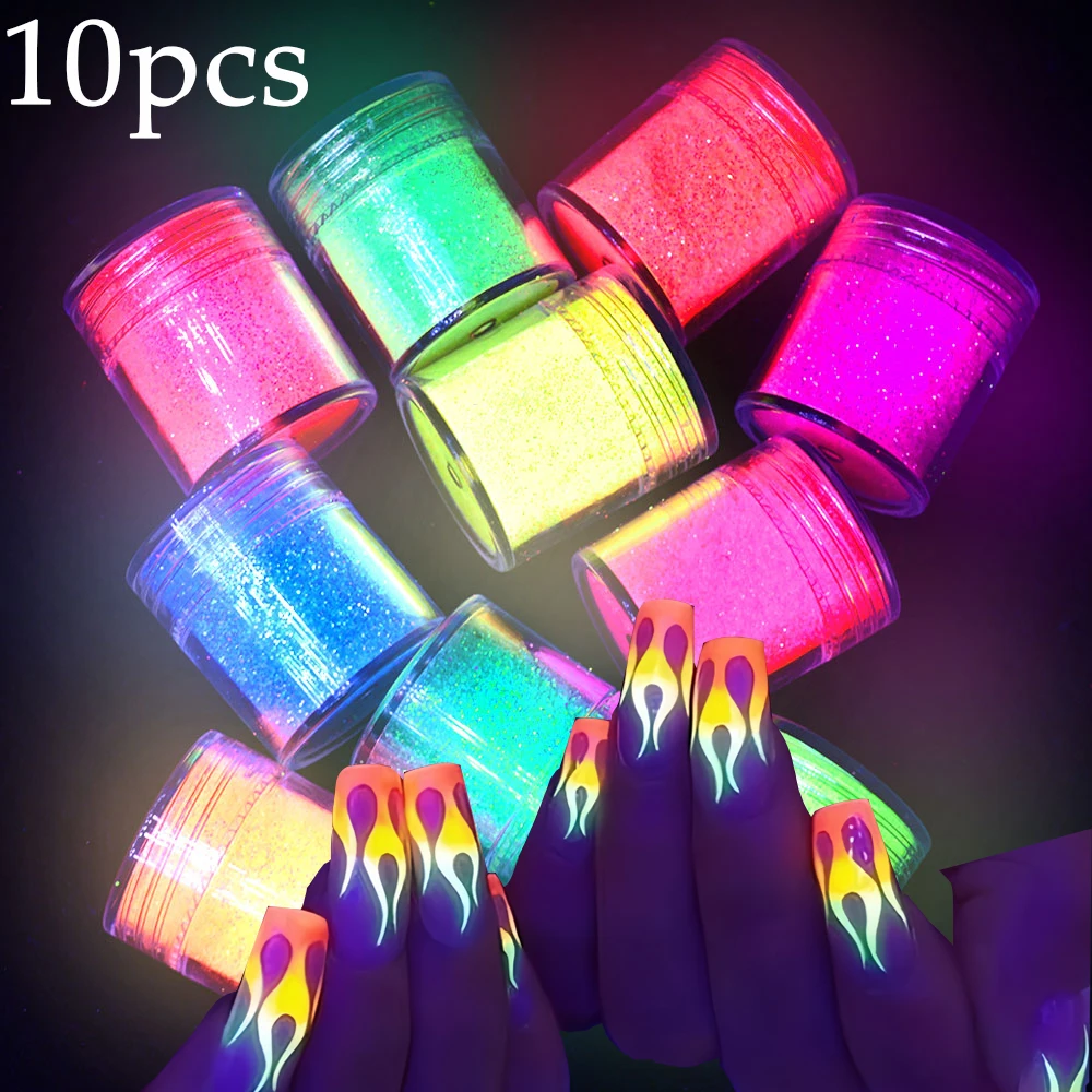 10 Bottles Luminous Sugar Nail Powder Neon Glow In The Dark  Nail Dipping Pigment Dust Fluorescent Long-Lasting Glow Nail Decor