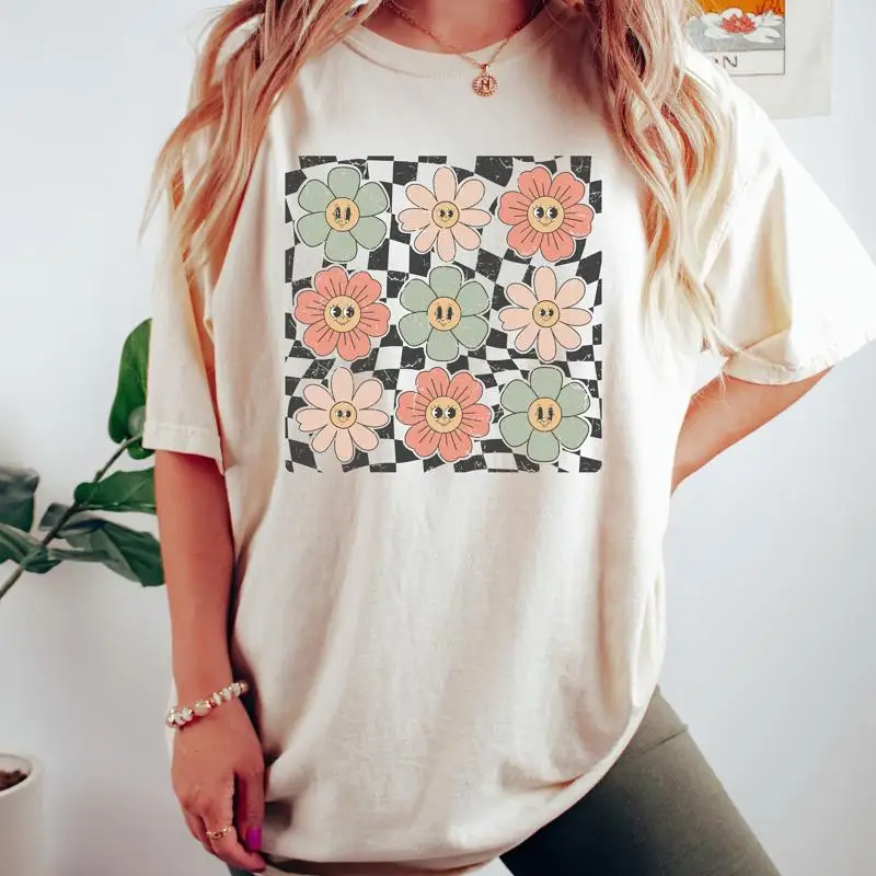 Camiseta Retro a cuadros con flores, flores, comodidad, verano, Boho, Hippie, moda