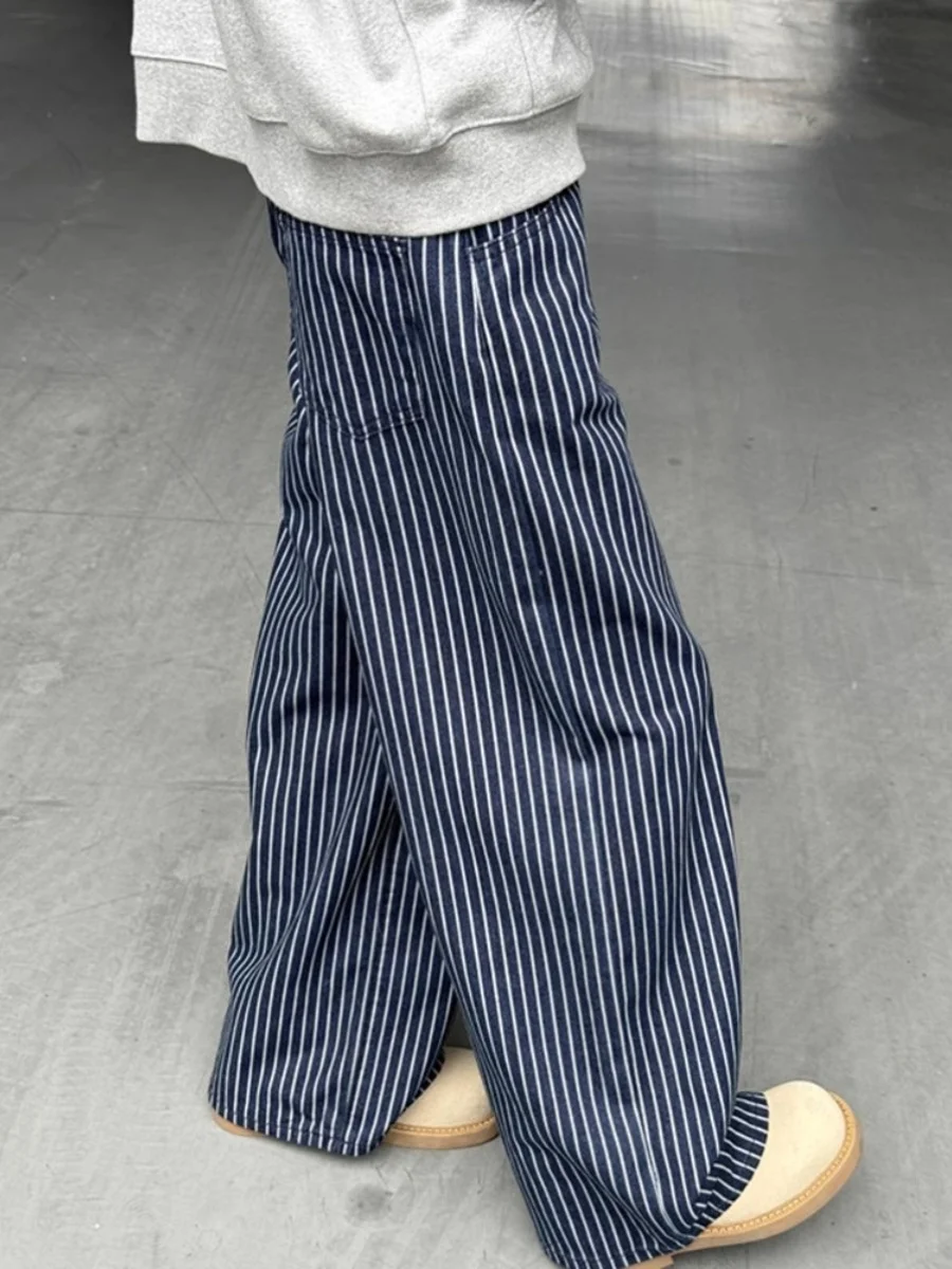 

American Sle Cleanfit Retro Blue Vertical Striped Straight Leg Men's Jeans Casual Long Pants Wide Leg Loose Fit Jeans