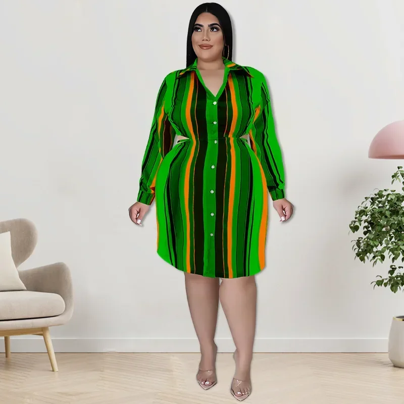 KEXU Elegante Vrouwen Plus Size Jurk Gestreepte Print Lange Mouw Single Breasted Turn-down Hals Revers Shirt Stijl Jurk vestidos