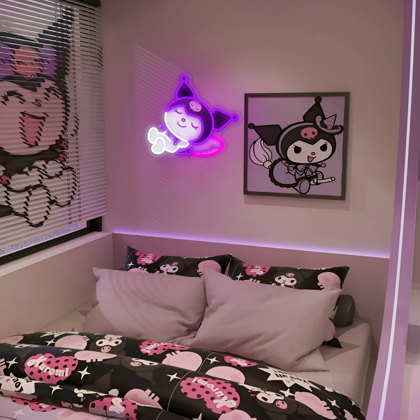ป้ายไฟนีออนคุโรมิ อนิเมะน่ารัก ไฟนีออนสาวนอนหลับน่ารัก ไฟ LED ใช้พลังงาน USB สำหรับตกแต่งห้องนอนเด็กผู้หญิง ห้องเกมส์ ของขวัญวันเกิด
