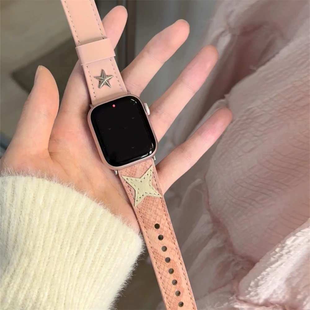 Cute Star Leather Band For Apple Watch 8 7 6 5 4 3 SE Candy Color Strap Design Bracelet For iWatch 49mm 45mm 44mm 42mm 41mm 40mm