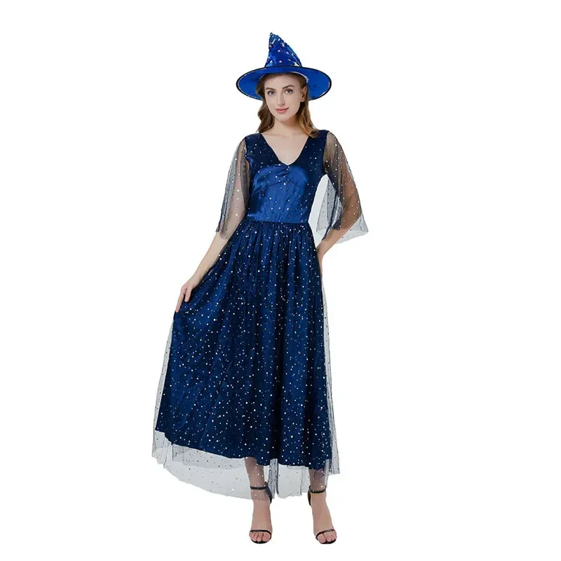 Halloween Witch Magician Drama Costume Adult V-neck Gauze Blue Starmoon Witch