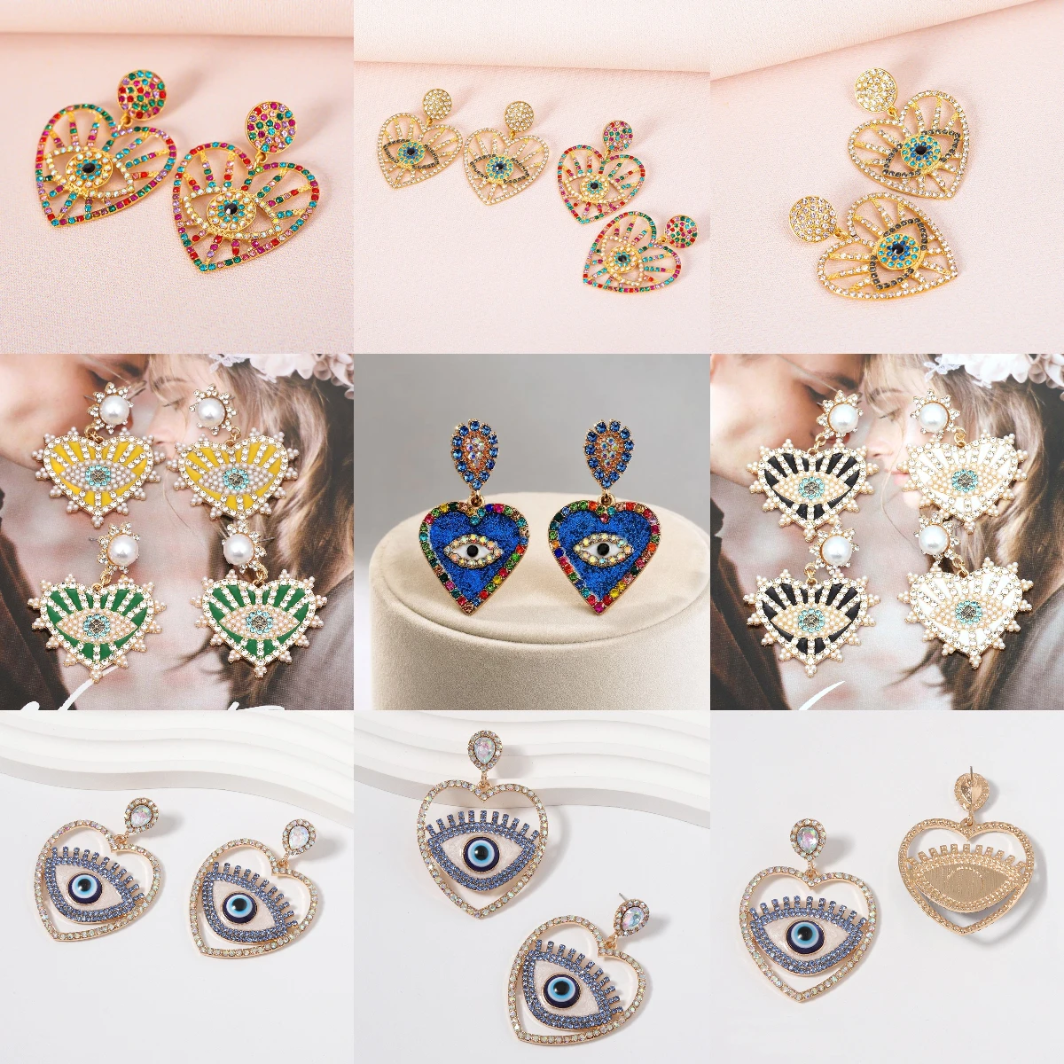 Cross border fashion temperament, creativity, high-end feeling, heart-shaped angel's eye alloy, pearl and diamond earrings