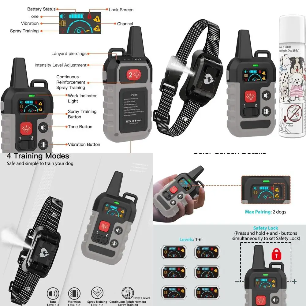 

Remote-Controlled Citronella Dog Training Collar with 4 Modes: Beep, Vibration, Spray, and Enhanced Spray, Waterproof, Rechargea