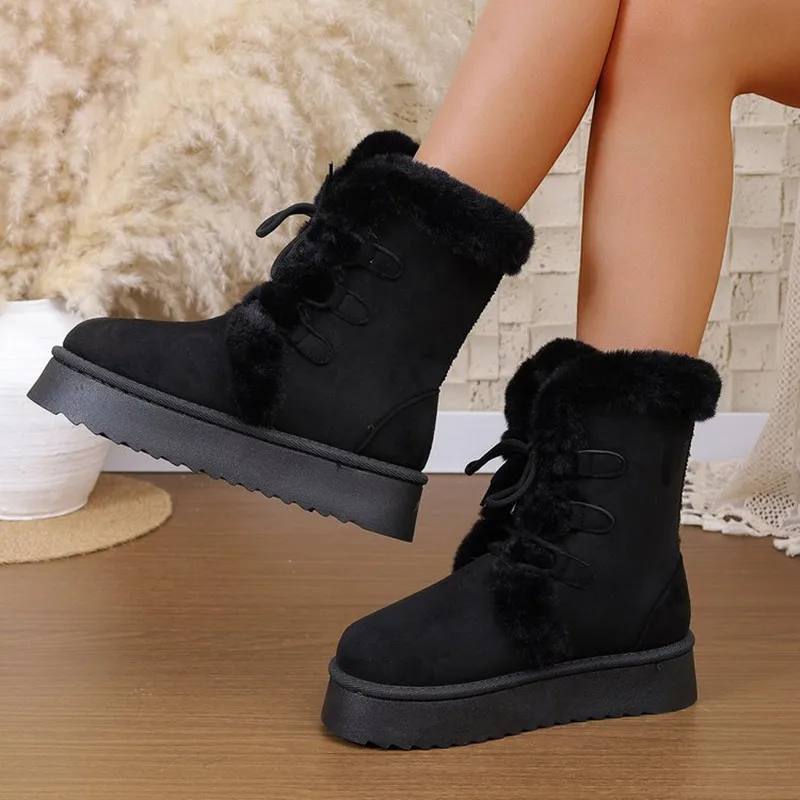 2025 العلامة التجارية الجديدة كبيرة الحجم أحذية الثلوج للنساء أزياء من الدانتل متابعة مسطحة القاع سميكة أحذية الثلوج مريحة غير رسمية أحذية الشتاء