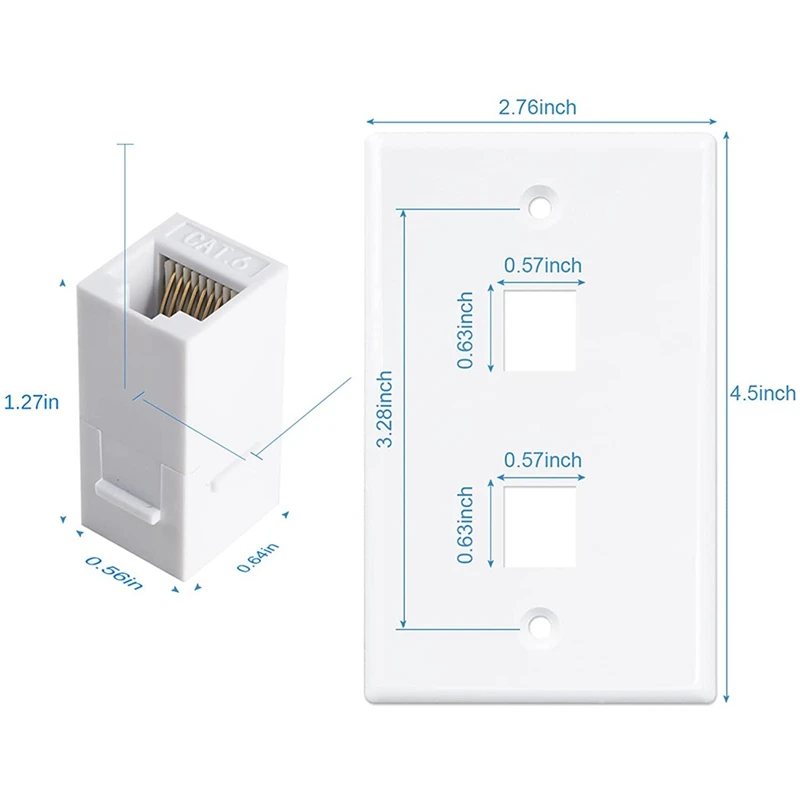 2 Port Ethernet Wall Plate, Cat6 Female To Female Wall Jack RJ45 Keystone Inline Coupler Wall Outlet, Putih