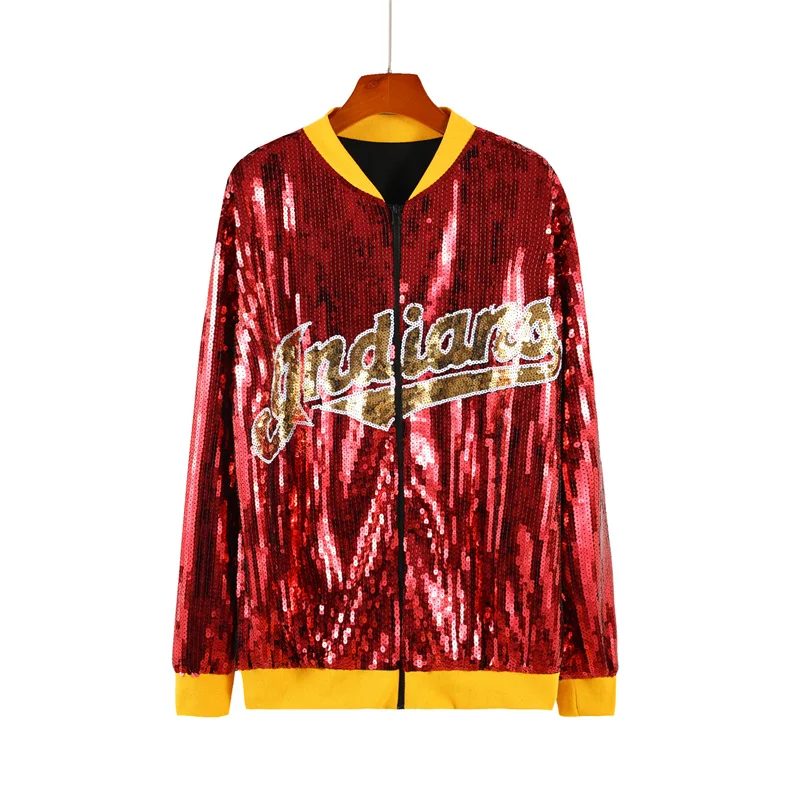 Autumn New Patchwork Color Striped Streetwear Long Sleeve Cartoon Letter Sequins Jacket Hip Hop Round Neck Loose Women's Coats