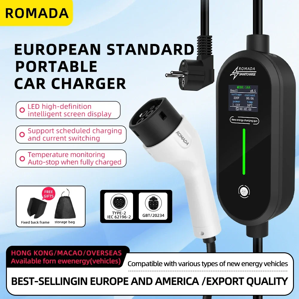 

ROMADA 32A 7KW Type2 EV Charger Portable 5M/10M/15M Cbable With Wireless IEC 62196-2/GB/T20234 EVSE Charging CEE Plug