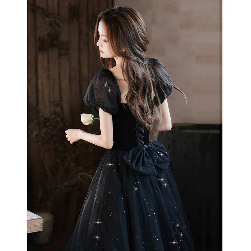 Draped Black Square Collar Women Evening Dress Puff Sleeve Boat Neck Cross Lace Up Prom Dresses Tiered Party Femme Vestidos