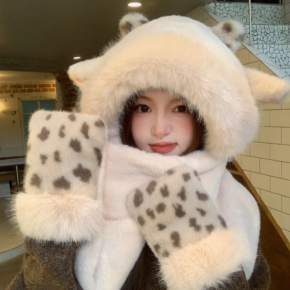 3pcs/Set 3 Piece Set Bear Hat Scarf Gloves Set Polyester Thick Warm Winter Hat Scarf Gloves Set 58cm to 60cm Head Circumference