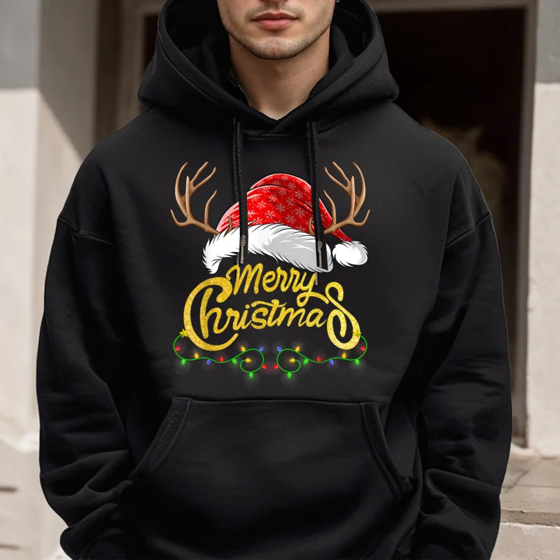 Merry Christmas Lights Red Santa Sweatshrt long Sleeve Birthday Retro Mens Mother Day Sweatshirt Birthday Hoodies Round Collar