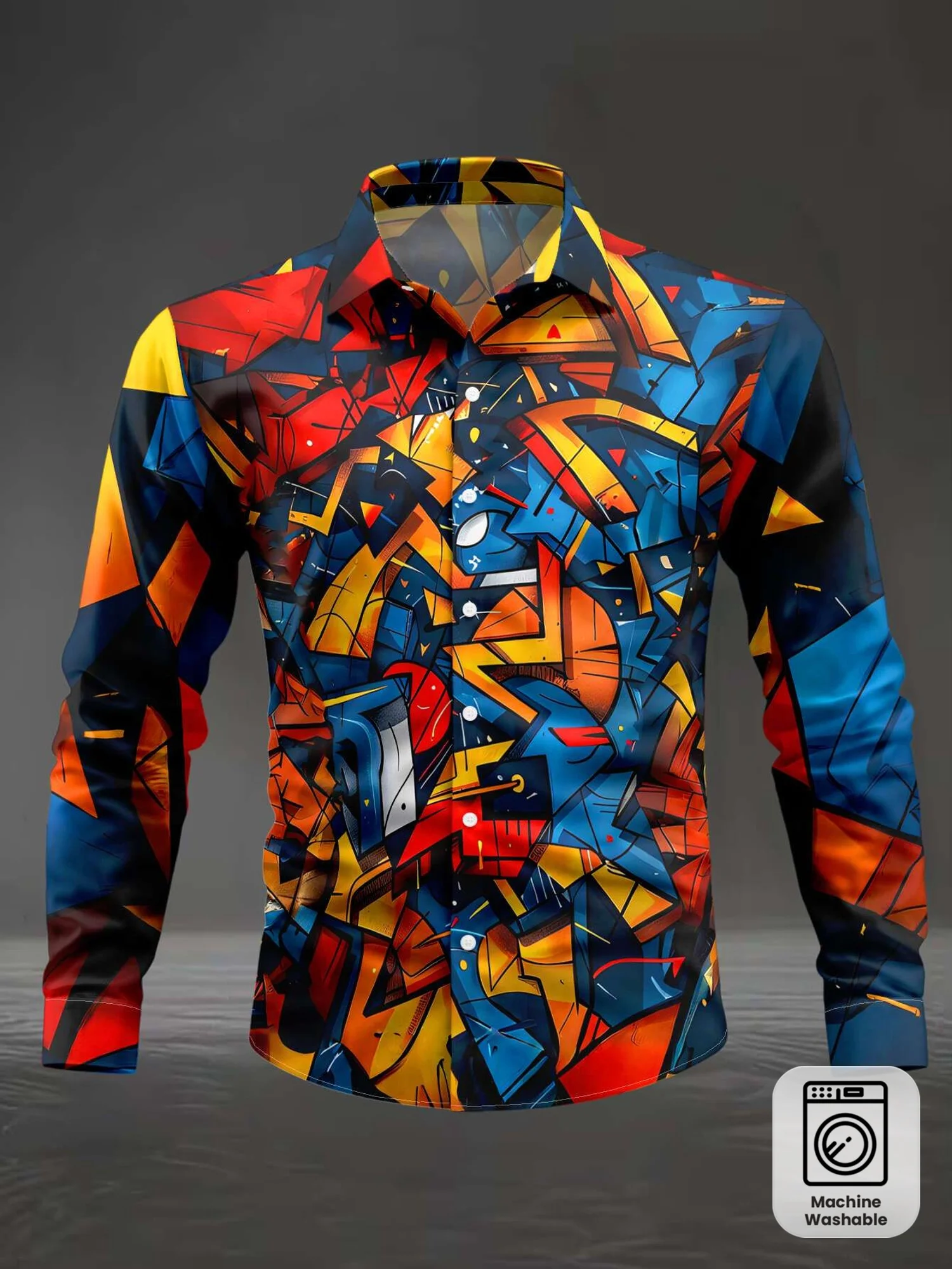 Men Long Sleeve Button Down Shirt Multicolor Geometric Fragment Splice Print Polyester Lapel Collar Party