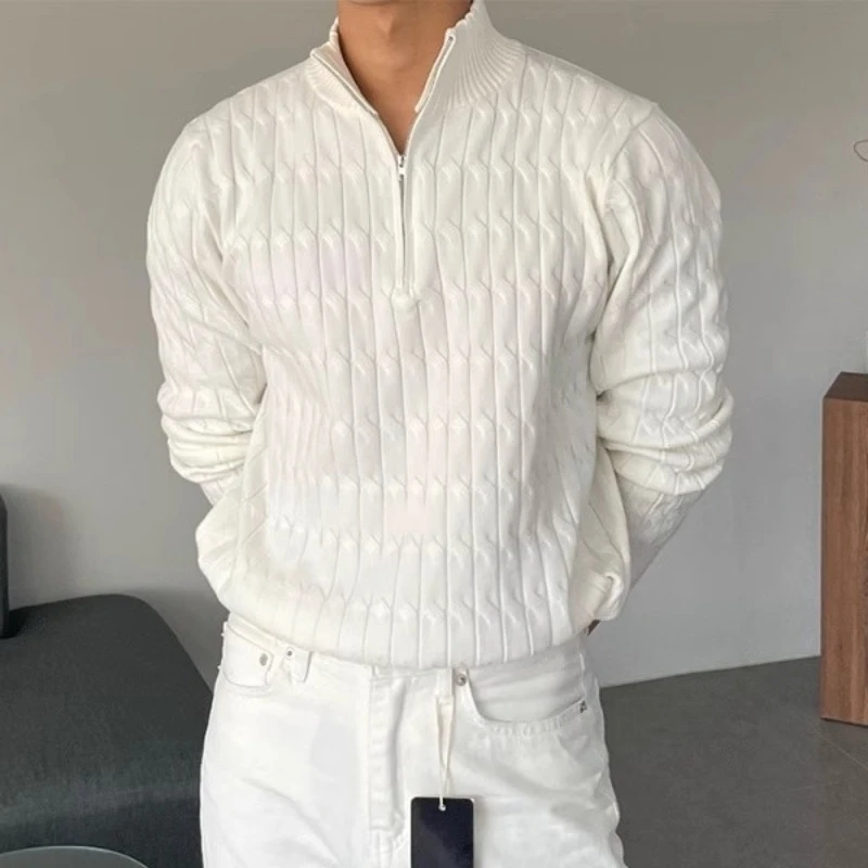 

Осенняя одежда 2025 года, мужской вязаный жаккардовый пуловер на молнии, свитер премиум-класса, винтажный однотонный воротник-стойка, роскошный длинный рукав