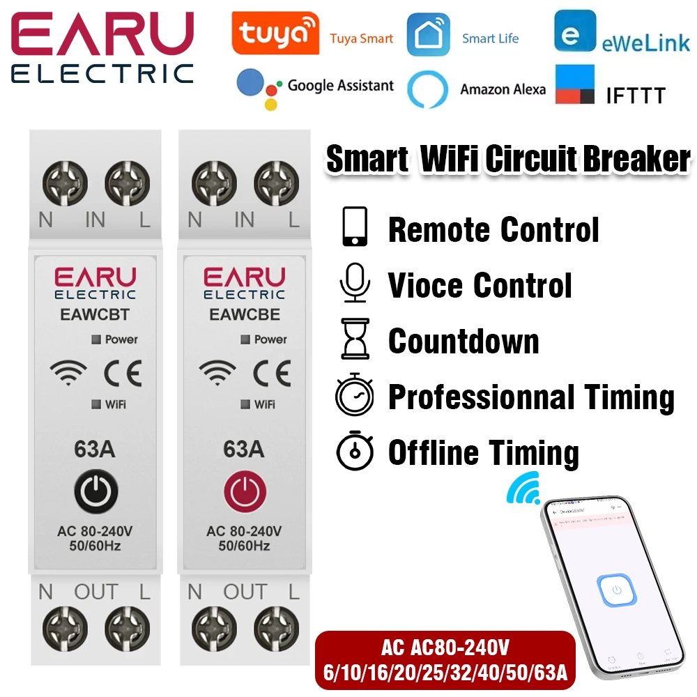 WiFi Smart Circuit Breaker 1P 1P+N Time Relay Switch Remote Control by Tuya Smart /eWeLink App for Alexa Google Home Assistant