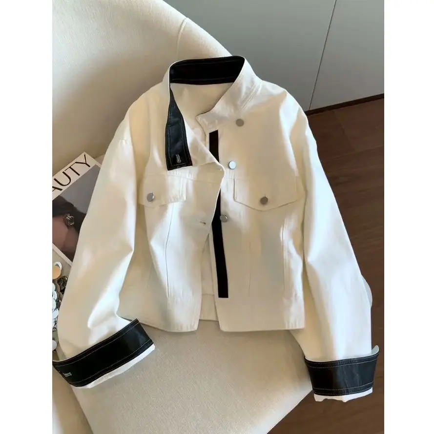 

Американская рабочая одежда с цветными блоками и воротником-стойкой для женщин, свободная повседневная универсальная элегантная осенняя одежда, винтажная одежда