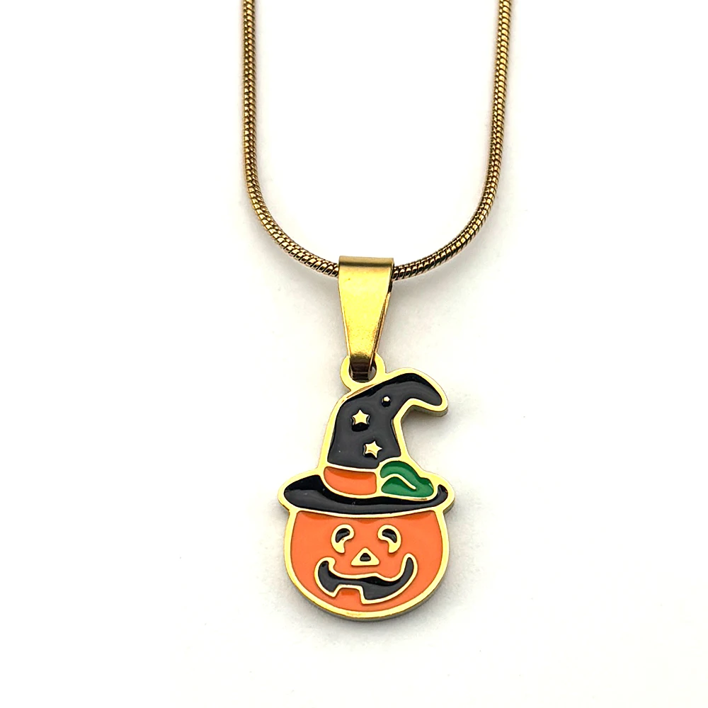 

Halloween Pumpkin Lantern Witch Hat Enamel Pendant Necklaces for Women Men Stainless Steel Gold Color Chain Party Jewelry Gift