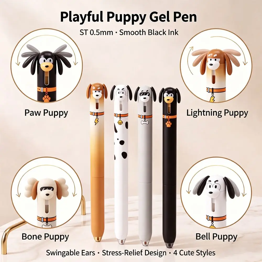 Anti Slip Silicone Grip Cute Dog Gel Pen 0.5mm ST Tip Fast Drying Ink Student Gel Pen Movable Ear Kawaii Puppy Pen