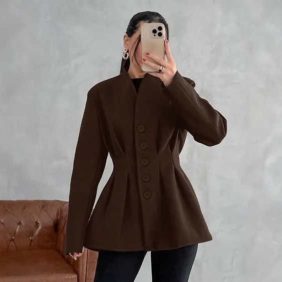 

Brown Retro Wool Jacket for Women Winter Pleated High Waist Ruffle Blazer Autumn Casual V Neck Elegant Cardigan Coat