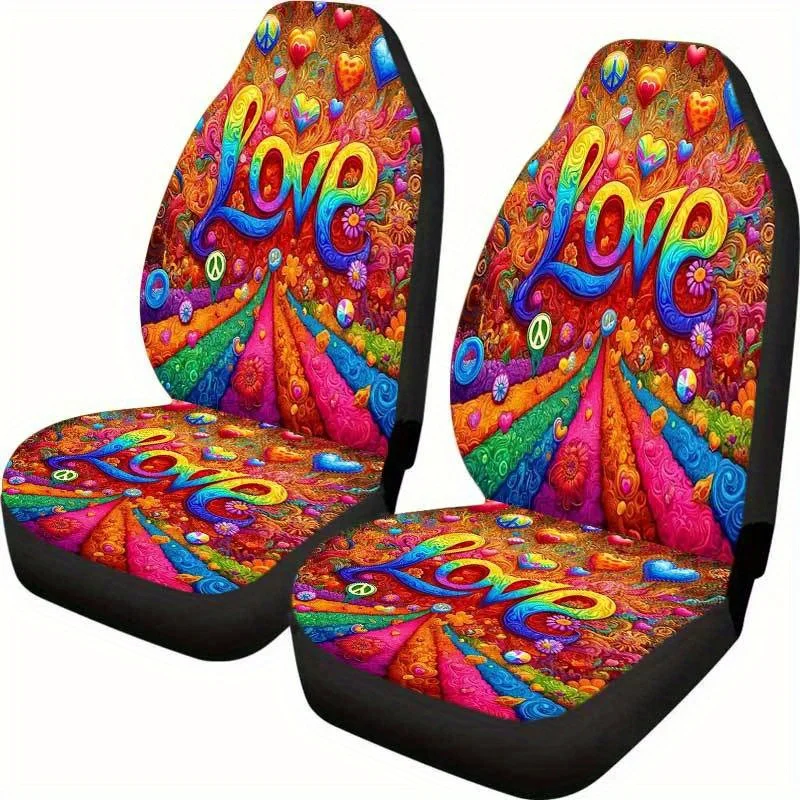 2pcs Car Seat Covers Print Colorful Heart Peace Symbol Design, Fit for Cars, SUVs, Trucks - Durable Fabric, No-Fill Front