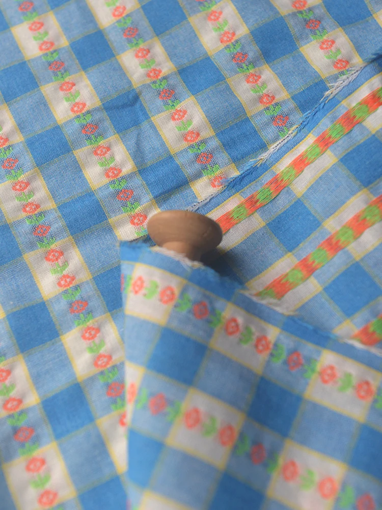 Orange Floral Blue and White Check Cotton Linen Fabric for DIY Summer and Autumn Cardigans, Shirts, Dresses and Skirts 140x50cm