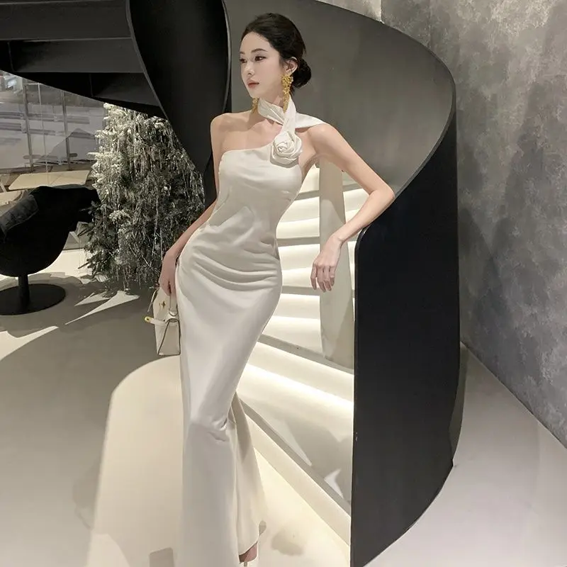 Korejepo Birthday Party Dress French Slim Temperament Atmosphere Slanted Shoulder Streamer Satin Halter Dresses Vestido 2024