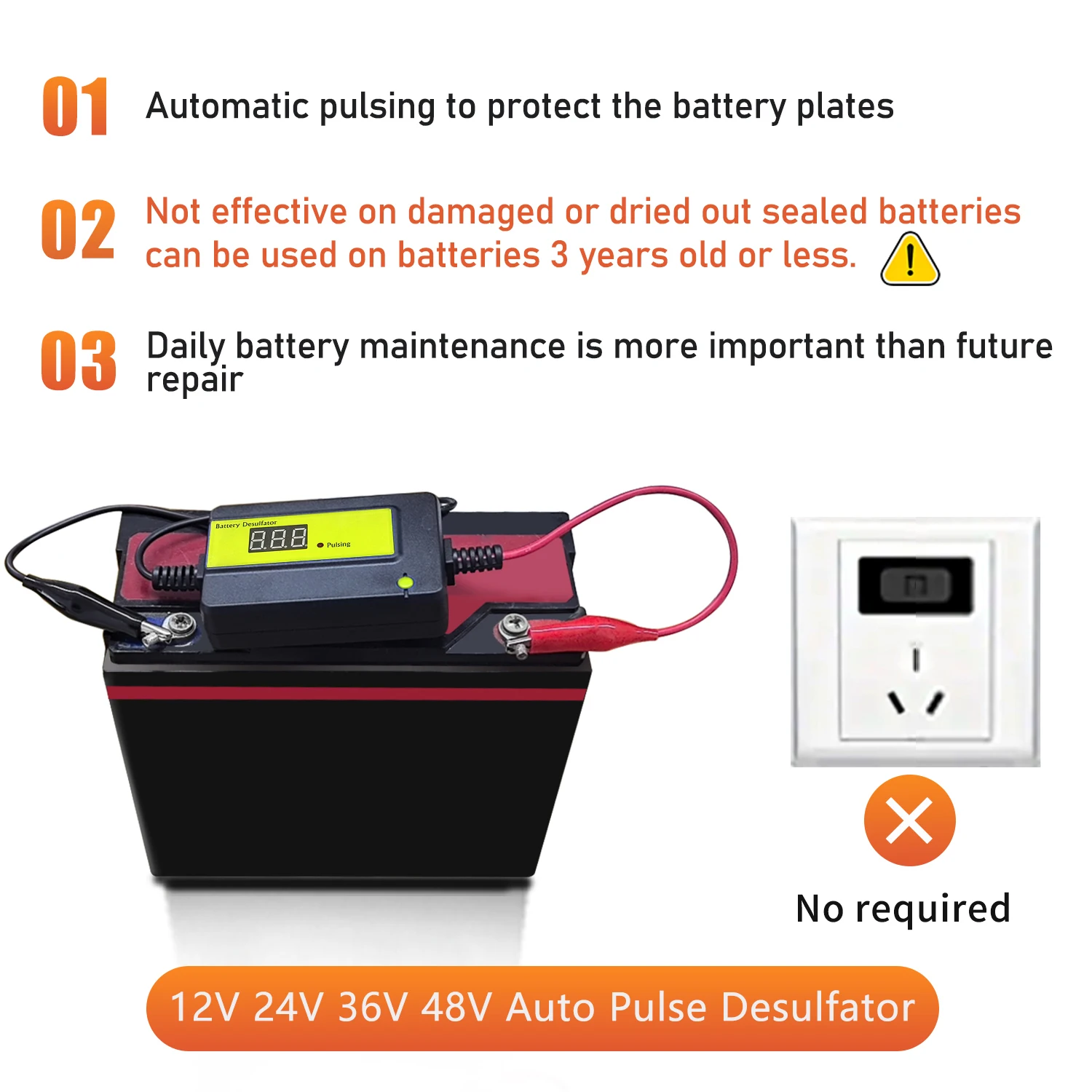 Desulfatador de batería automático, acondicionador, regenerador combinado, 2A, de plomo ácido, 12, 24, 36 y 48 voltios