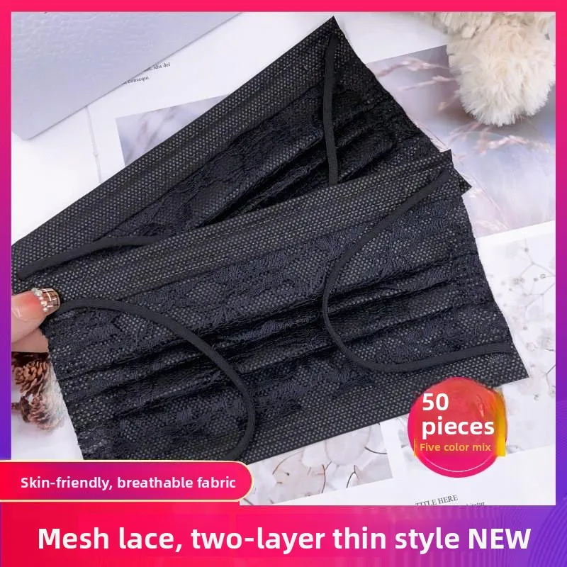 Black Lace Disposable Mask Women's Summer Thin Breathable Mesh Face Cover High Aesthetic Value Fashionable Trendy Style Dustp...