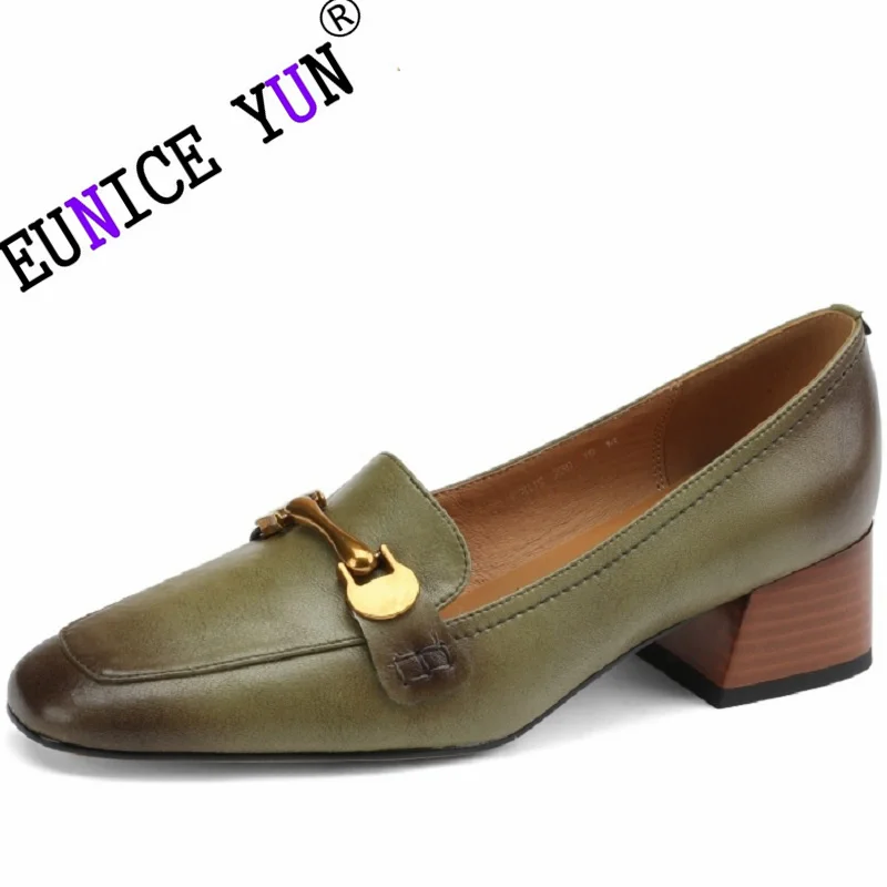 

【EUNICE YUN】Spring Women Brand Pumps Genuine Leather Shoes Casual Round Toe Loafers Chunky Heel Slip-On Shoes For 33-40