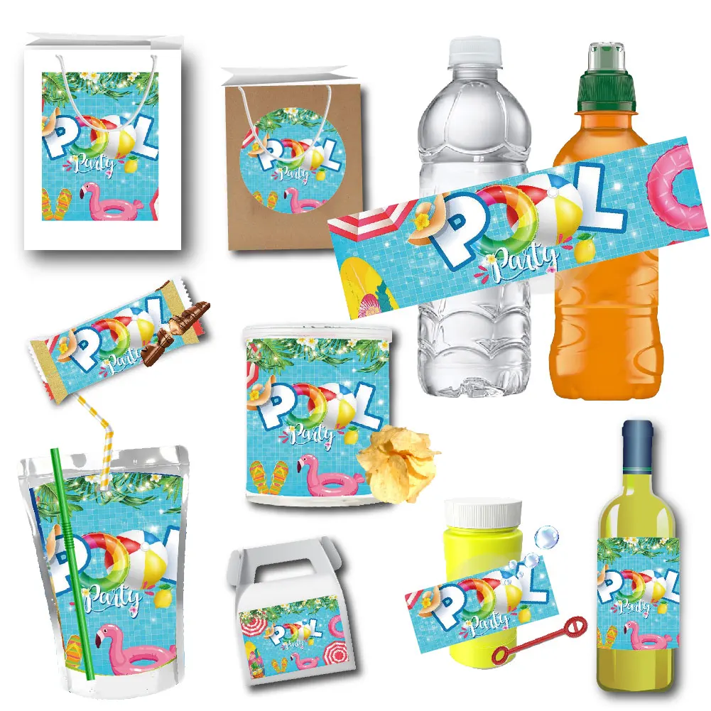 Bolsa de jugo personalizada para Fiesta EN LA Piscina de verano, pegatina adhesiva, etiquetas para botellas de agua, bolsa con Chip, etiqueta para caja de regalo, fiesta de cumpleaños, Navidad