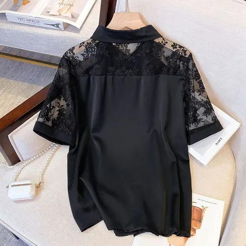Imagen 2 del producto Camisa de encaje Mm de talla grande, 200 Catties para ir al trabajo, superventas, Top de manga corta holgado y adelgazante con empalme a la moda para el vientre