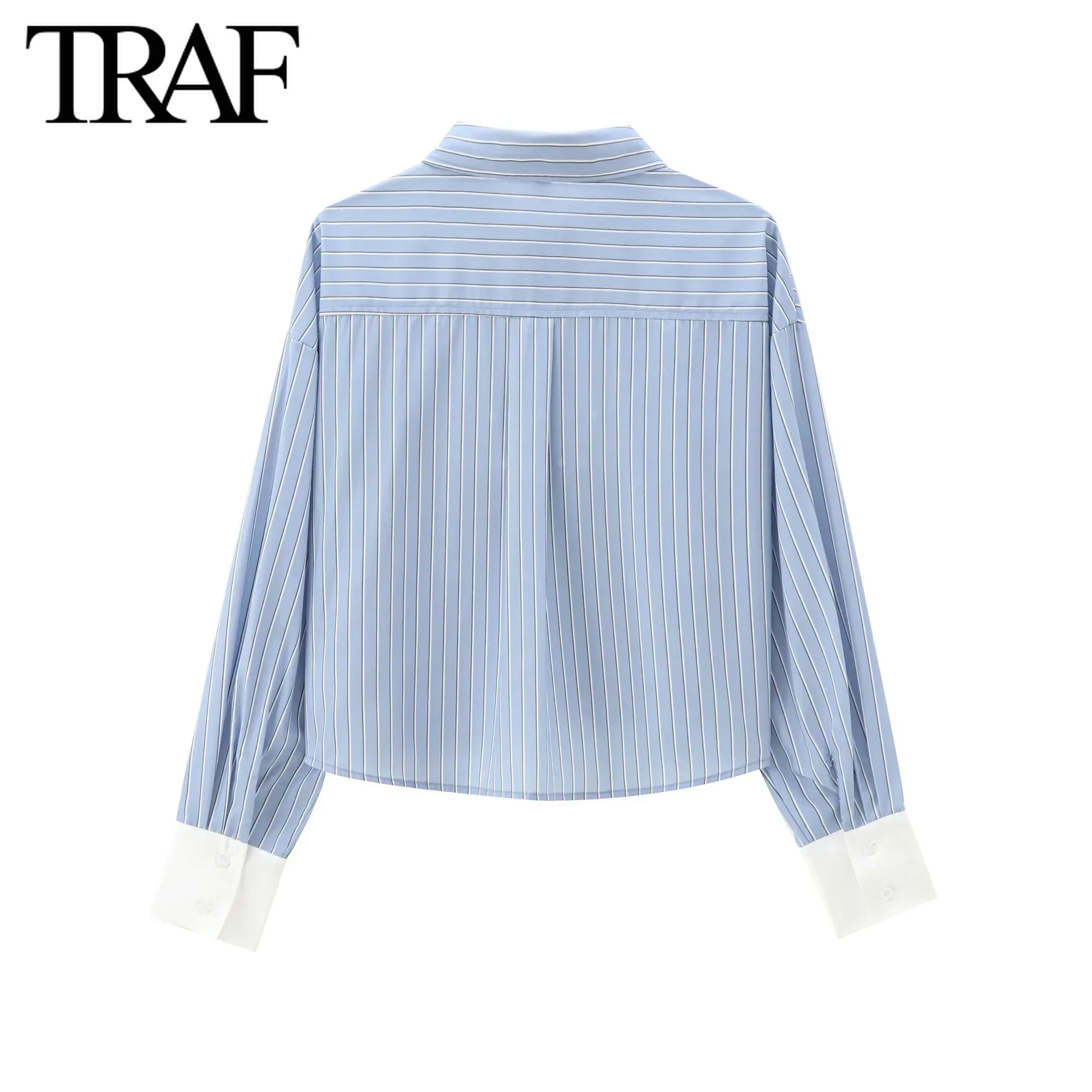 TRAF Women Fashion Spring New Striped Long Sleeve Single Breasted Lapel Short Blouse Street Clothing Shirt Chic Ladies Top