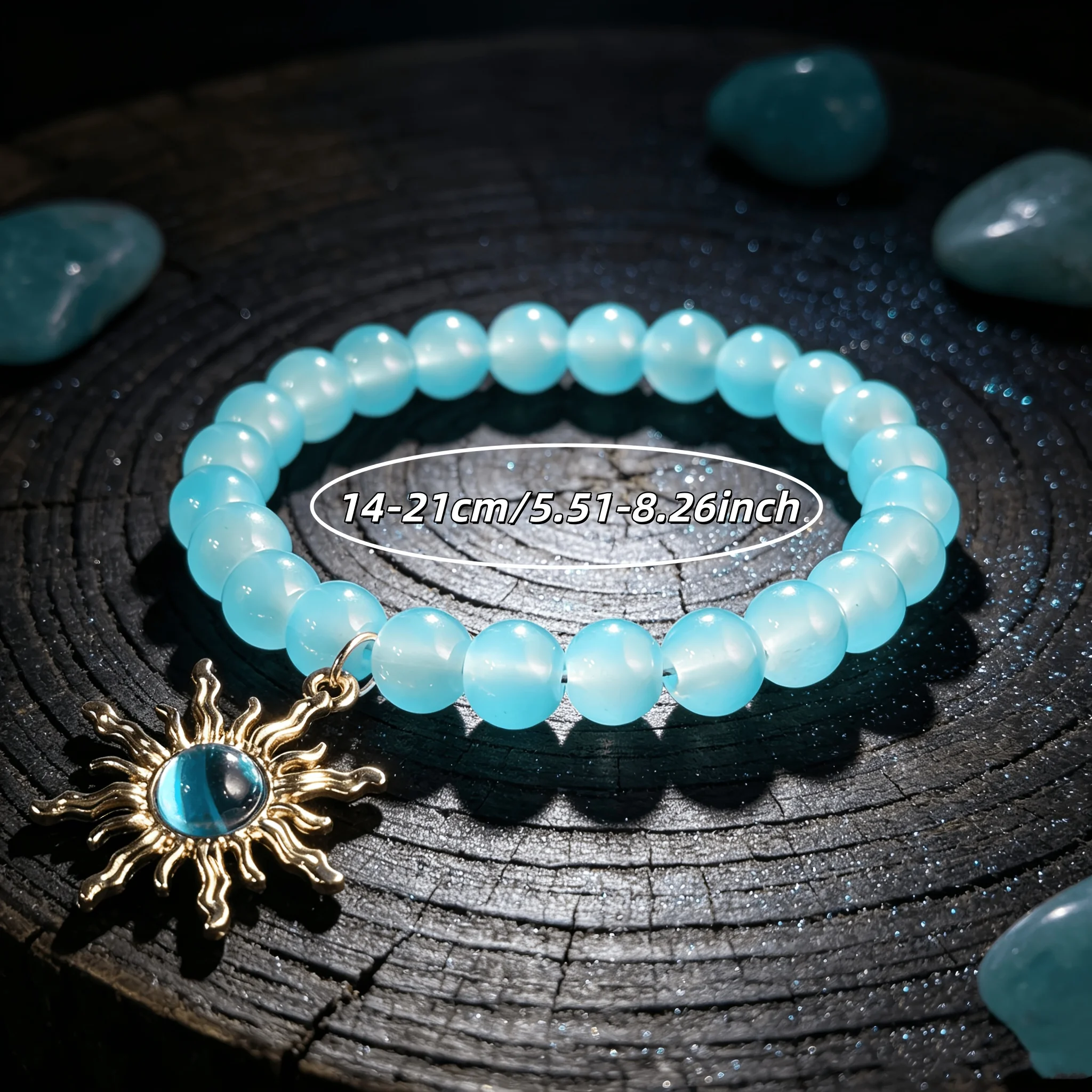 1PC Elegant Deep-Sea Style Beaded Bracelet w/Ice Blue Sunflower Elastic, Fortune, Light Luxury Unisex Daily/Fest Gift