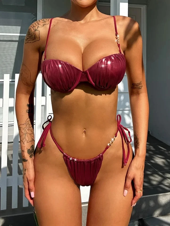 Wine Red Shiny Swimsuit 2025 Women 2-piece Glossy Bikini Sexy Pleated Thong Underwire Push Up Swimwear Suspender Bathing Suit
